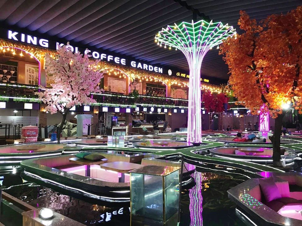 Bàn ghế đặt trong hồ nước vây quanh bởi cá Koi tại King Koi Coffee Garden