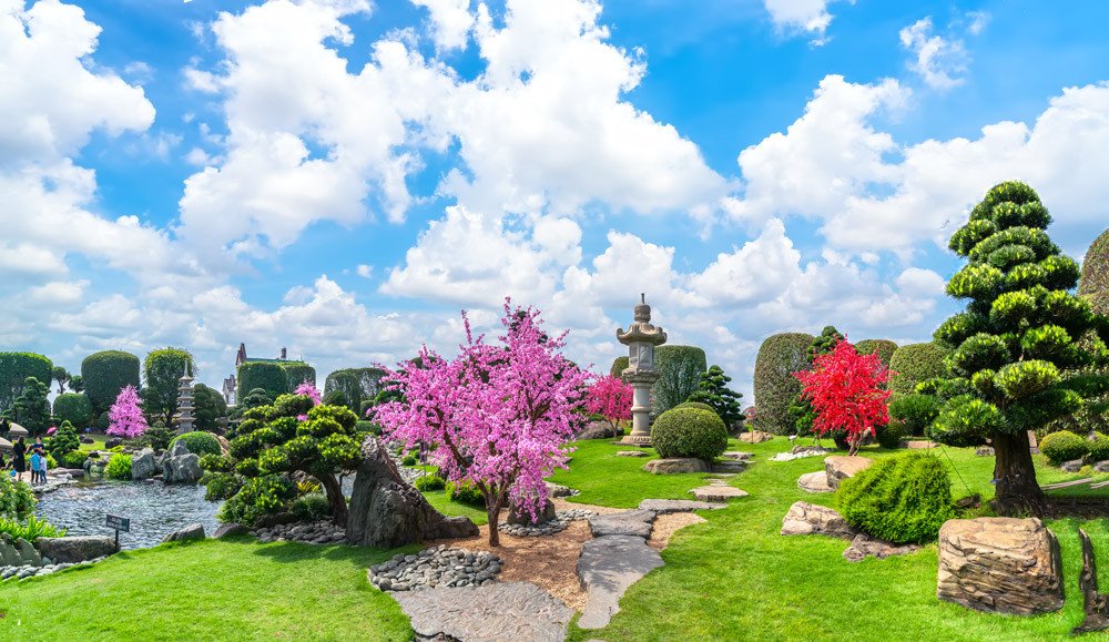 Góc chụp cảnh quan tổng thể yên bình và xanh mát của Công viên Cá Koi RinRin Park