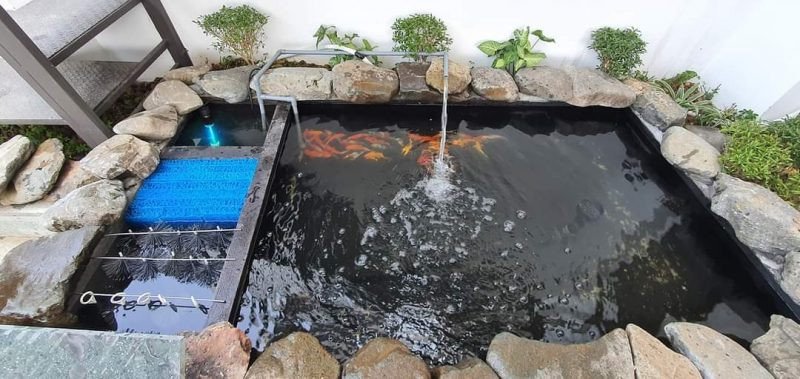 Hệ thống lọc nước hiện đại được lắp đặt dưới đáy hồ cá Koi