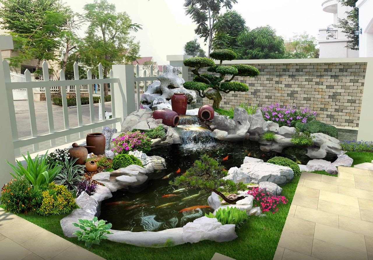 Hồ cá Koi nằm ở vị trí hợp phong thủy, phía bên trái cửa chính