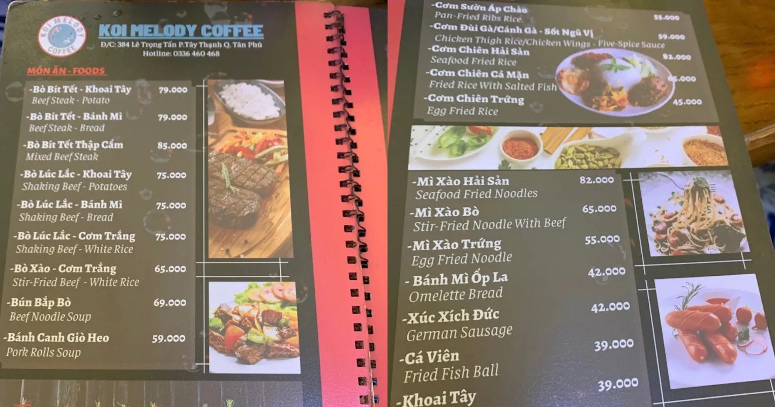Thực đơn phong phú với nhiều lựa chọn từ đồ uống đến món ăn mặn