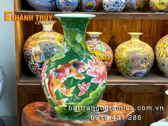 Bình Củ Tỏi Màu Xanh Lá Cây Vẽ Sen Cá 60cm