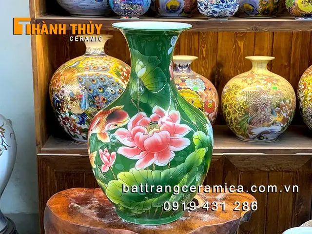 Bình Củ Tỏi Màu Xanh Lá Cây Vẽ Sen Cá 60cm
