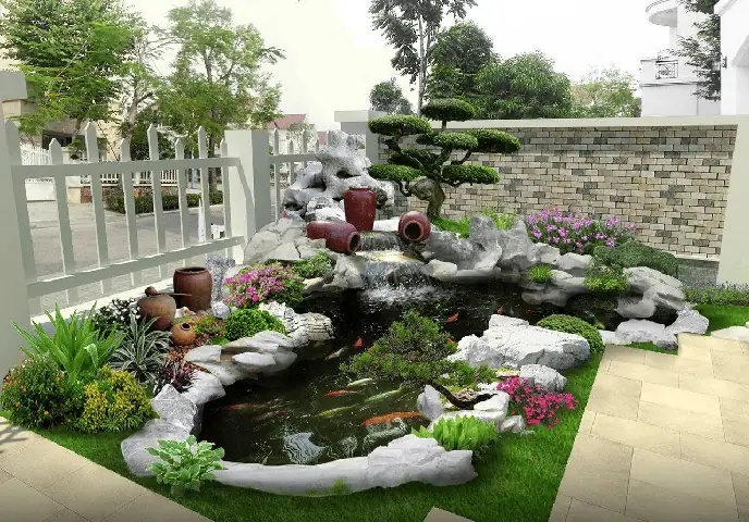 Hồ Cá Koi Kết Hợp Tiểu Cảnh Hoa Và Cây Thủy Sinh