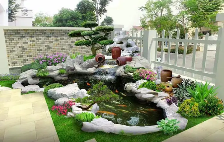 Mẫu Hồ Cá Koi Ngoài Trời Đẹp Có Thác Nước