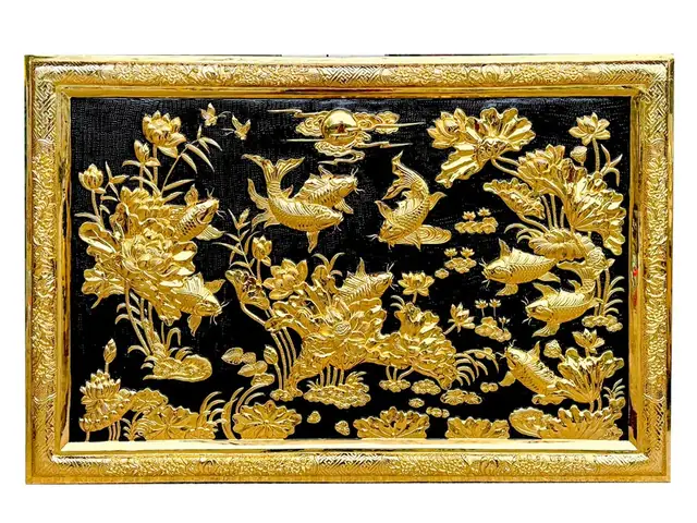 Tranh Cá Chép Hoa Sen Khung Đồng Mạ Vàng 24k Tuyệt Đẹp 68x89cm- Tr0598
