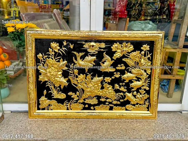 Thông Tin Chi Tiết Sản Phẩm: Tranh Cá Chép Hoa Sen Bằng Đồng Mạ Vàng 24k