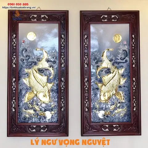 Tranh Gốm Cá Chép Lý Ngư Vọng Nguyệt Dát Vàng 4k Cao Cấp