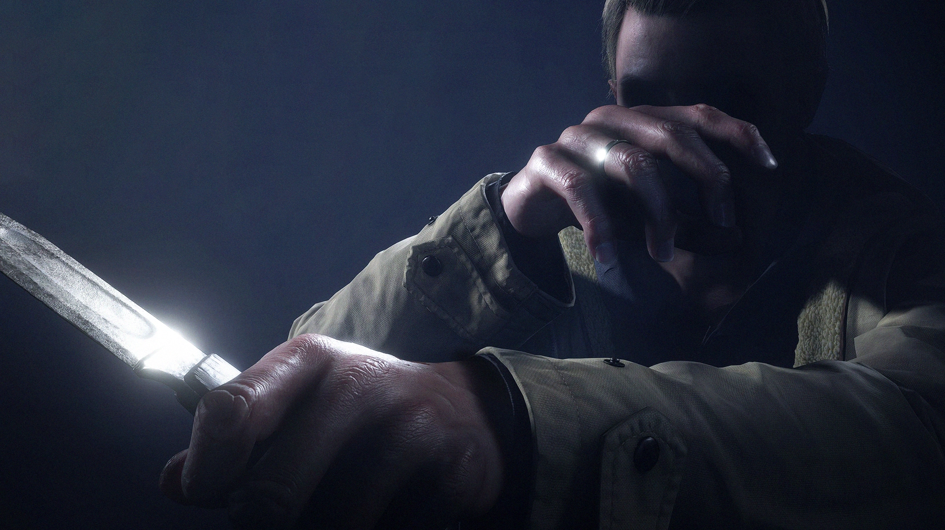 Ethan Winters wielding a knife with his face obscured